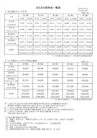 まえさわ苑料金一覧表