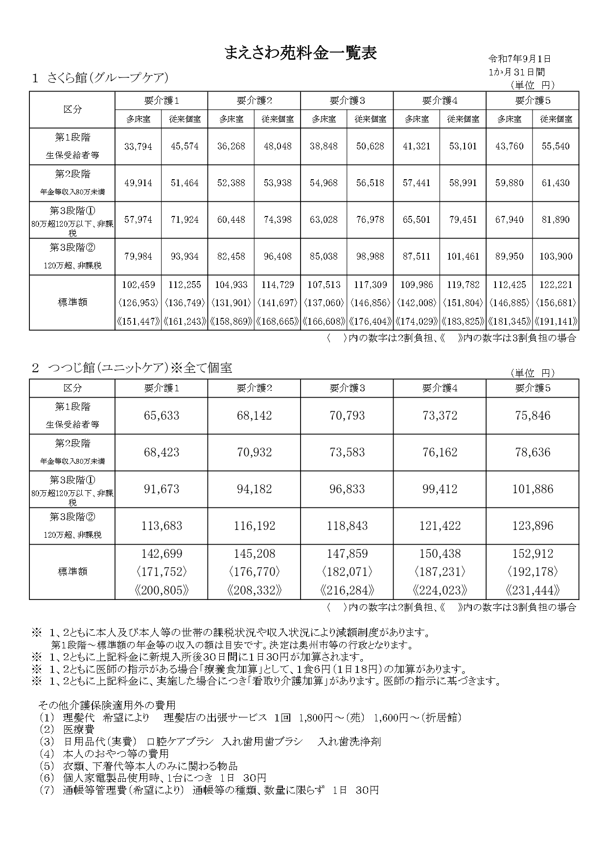 まえさわ苑料金一覧表